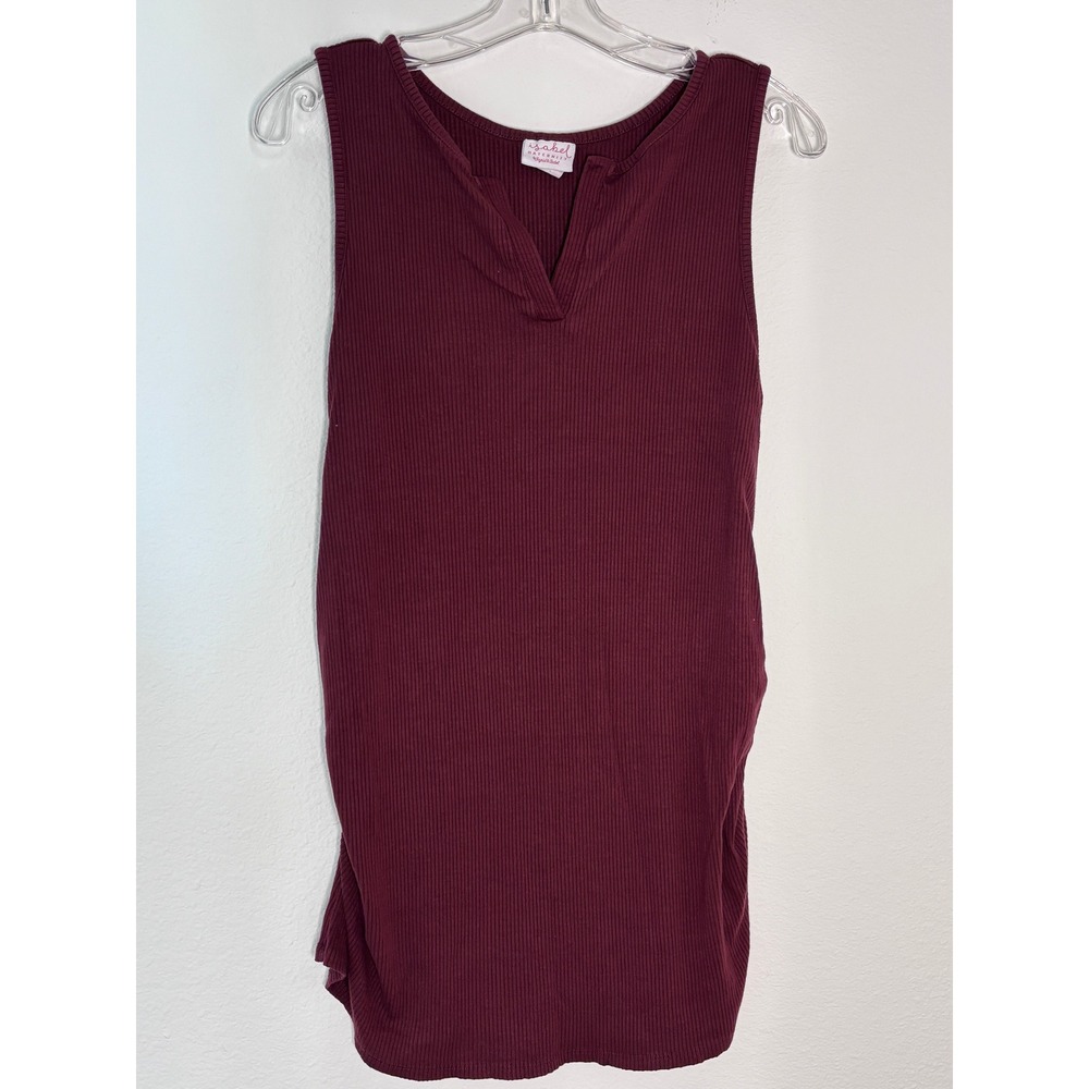 Isabel Maternity Burgundy Ribbed Ruched Side Split Neck‎ Tank Top Mens Size M